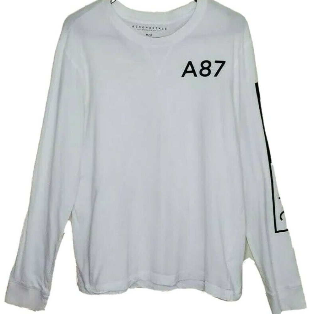 Aeropostale T Shirt Long Sleeve White Black Logos Cotton Basic Crew Neck Sz M/M